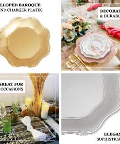 HIER_4710 6 Pack | 13" Gold Baroque Scalloped Acrylic Plastic Charger Plates, Hexagon Charger Plates Disposable Dinnerware 16 HIER_4710 6 Pack | 13
