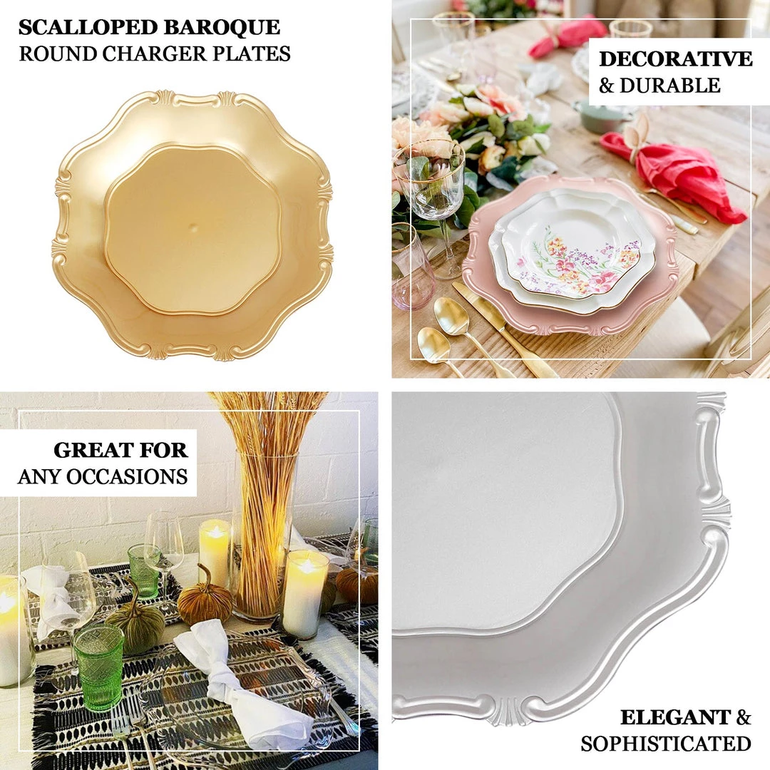 HIER_4710 6 Pack | 13" Gold Baroque Scalloped Acrylic Plastic Charger Plates, Hexagon Charger Plates Disposable Dinnerware 4 HIER_4710 6 Pack | 13" Gold Baroque Scalloped Acrylic Plastic Charger Plates, Hexagon Charger Plates Disposable Dinnerware