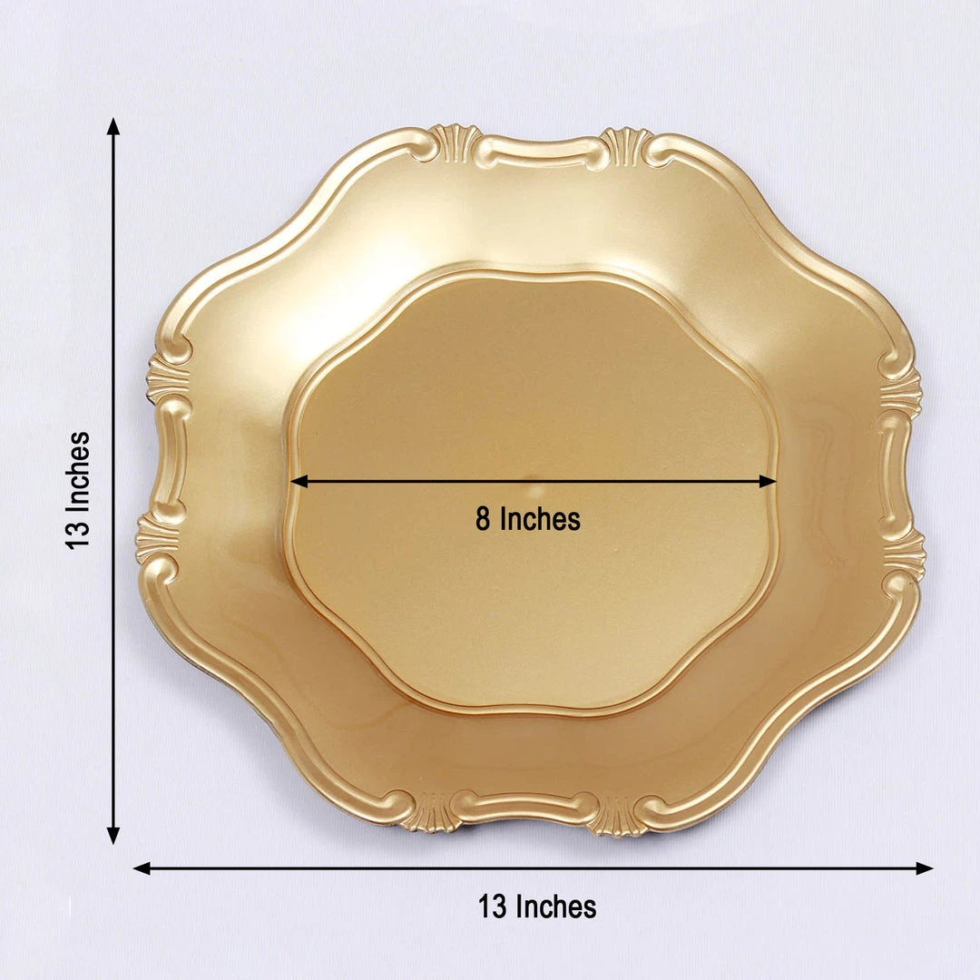 HIER_4710 6 Pack | 13" Gold Baroque Scalloped Acrylic Plastic Charger Plates, Hexagon Charger Plates Disposable Dinnerware 3 HIER_4710 6 Pack | 13" Gold Baroque Scalloped Acrylic Plastic Charger Plates, Hexagon Charger Plates Disposable Dinnerware