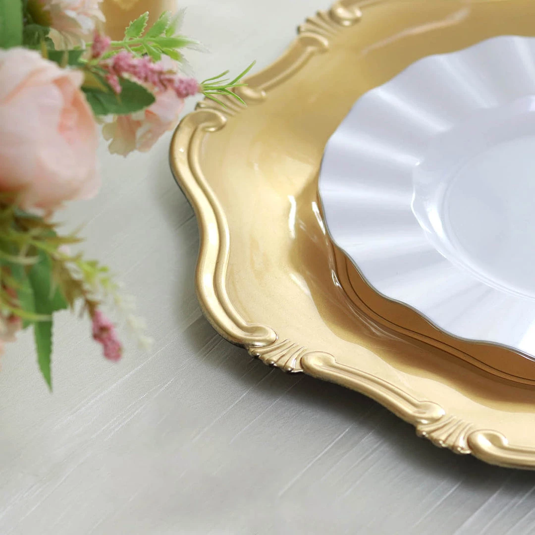 HIER_4710 6 Pack | 13" Gold Baroque Scalloped Acrylic Plastic Charger Plates, Hexagon Charger Plates Disposable Dinnerware 6 HIER_4710 6 Pack | 13" Gold Baroque Scalloped Acrylic Plastic Charger Plates, Hexagon Charger Plates Disposable Dinnerware