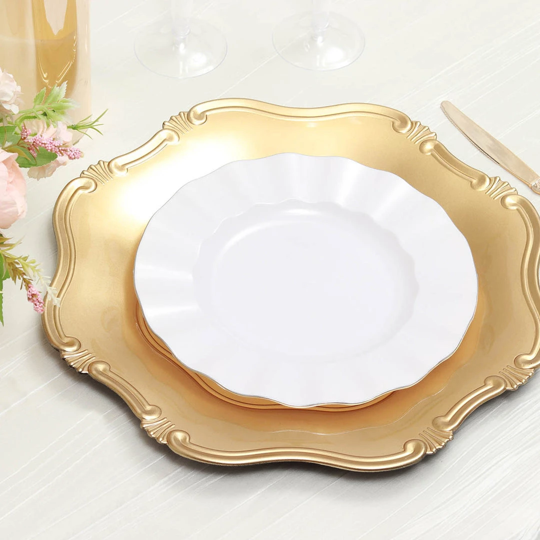 HIER_4710 6 Pack | 13" Gold Baroque Scalloped Acrylic Plastic Charger Plates, Hexagon Charger Plates Disposable Dinnerware 2 HIER_4710 6 Pack | 13" Gold Baroque Scalloped Acrylic Plastic Charger Plates, Hexagon Charger Plates Disposable Dinnerware