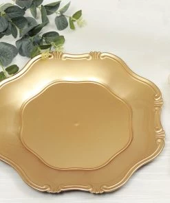 HIER_4710 6 Pack | 13" Gold Baroque Scalloped Acrylic Plastic Charger Plates, Hexagon Charger Plates Disposable Dinnerware
