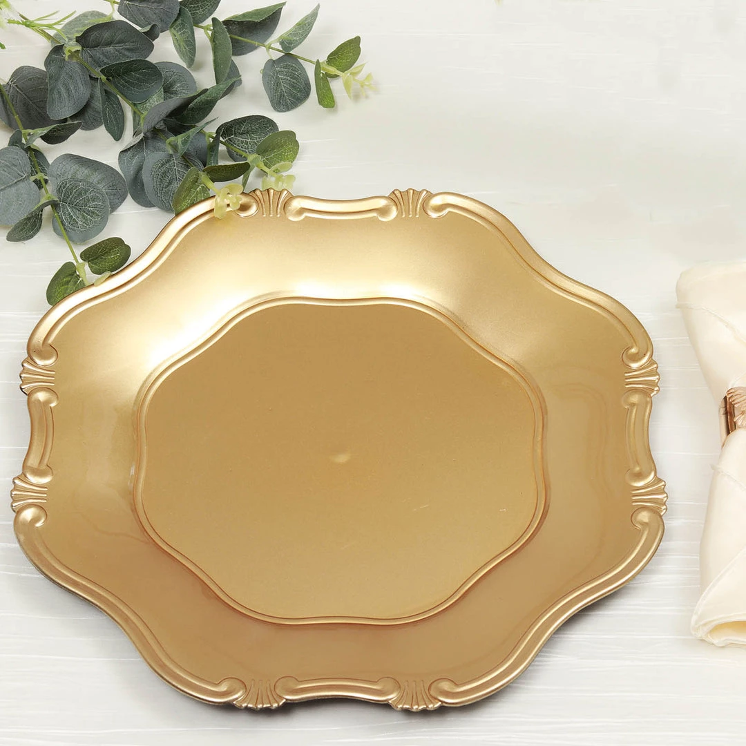 HIER_4710 6 Pack | 13" Gold Baroque Scalloped Acrylic Plastic Charger Plates, Hexagon Charger Plates Disposable Dinnerware 1 HIER_4710 6 Pack | 13" Gold Baroque Scalloped Acrylic Plastic Charger Plates, Hexagon Charger Plates Disposable Dinnerware