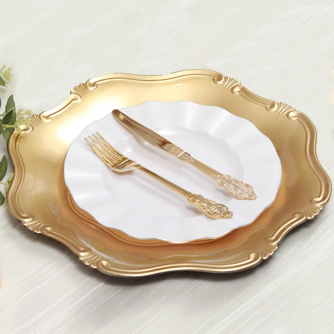 HIER_4710 6 Pack | 13" Gold Baroque Scalloped Acrylic Plastic Charger Plates, Hexagon Charger Plates Disposable Dinnerware 12 HIER_4710 6 Pack | 13" Gold Baroque Scalloped Acrylic Plastic Charger Plates, Hexagon Charger Plates Disposable Dinnerware