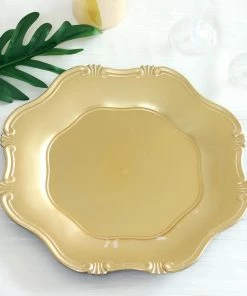HIER_4710 6 Pack | 13" Gold Baroque Scalloped Acrylic Plastic Charger Plates, Hexagon Charger Plates Disposable Dinnerware 19 HIER_4710 6 Pack | 13