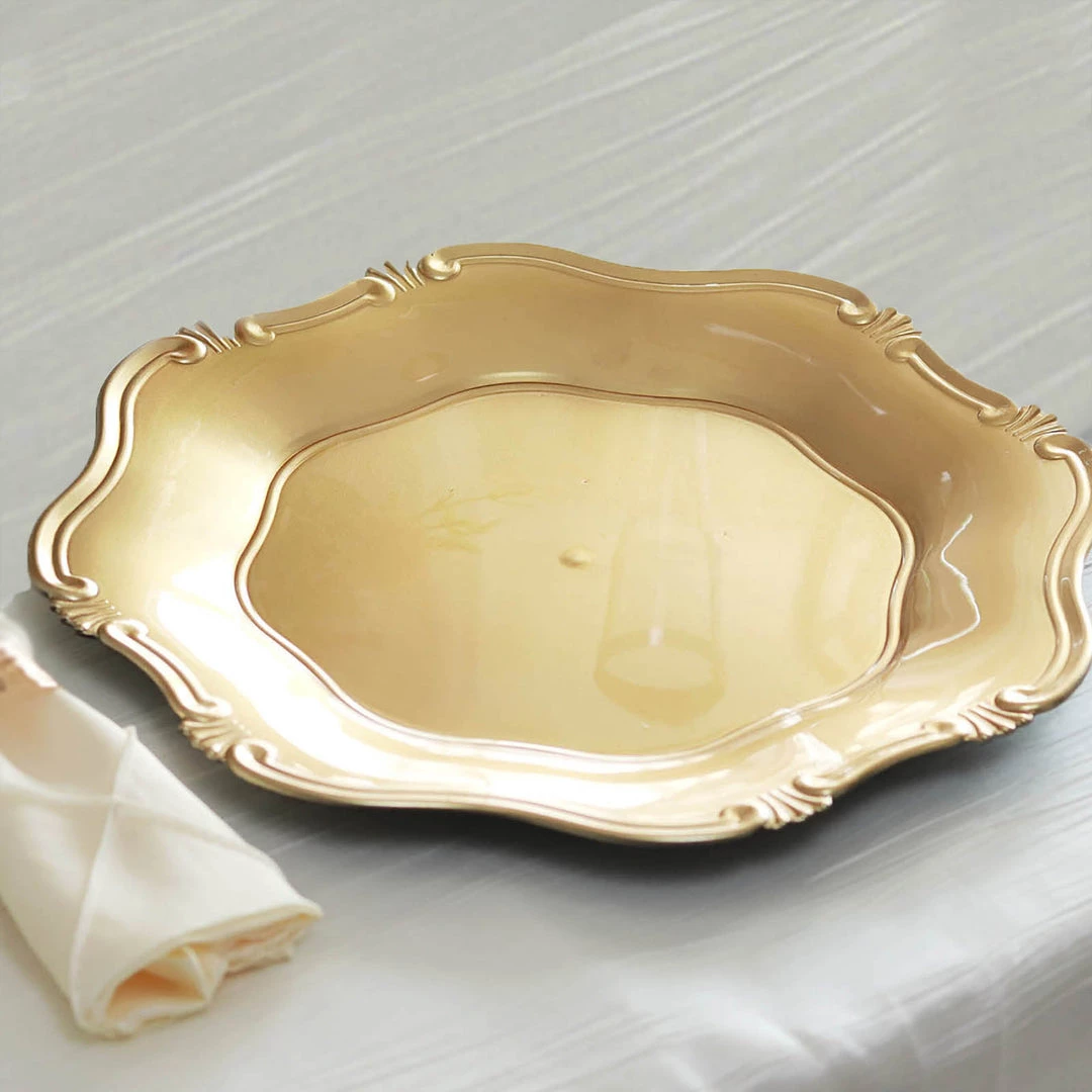 HIER_4710 6 Pack | 13" Gold Baroque Scalloped Acrylic Plastic Charger Plates, Hexagon Charger Plates Disposable Dinnerware 11 HIER_4710 6 Pack | 13" Gold Baroque Scalloped Acrylic Plastic Charger Plates, Hexagon Charger Plates Disposable Dinnerware