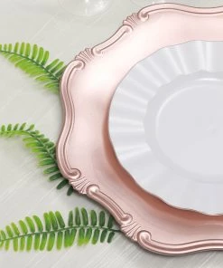 HIER_4710 6 Pack | 13" Rose Gold Baroque Scalloped Acrylic Plastic Charger Plates, Hexagon Charger Plates