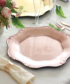 HIER_4710 6 Pack | 13" Rose Gold Baroque Scalloped Acrylic Plastic Charger Plates, Hexagon Charger Plates