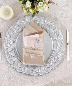 HIER_4710 Disposable Dinnerware 6 Pack | 14" Metallic Silver Round Acrylic Plastic Charger Plates With Engraved Baroque Rim