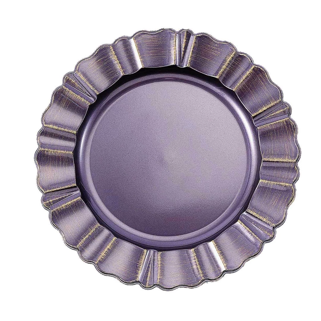 HIER_4710 6 Pack | 13" Round Purple Acrylic Plastic Charger Plates With Gold Brushed Wavy Scalloped Rim Disposable Dinnerware 14 HIER_4710 6 Pack | 13" Round Purple Acrylic Plastic Charger Plates With Gold Brushed Wavy Scalloped Rim Disposable Dinnerware