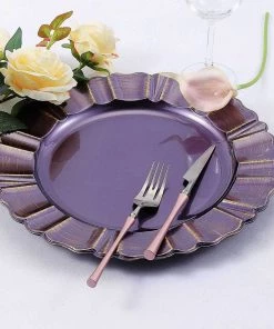 HIER_4710 6 Pack | 13" Round Purple Acrylic Plastic Charger Plates With Gold Brushed Wavy Scalloped Rim Disposable Dinnerware 20 HIER_4710 6 Pack | 13