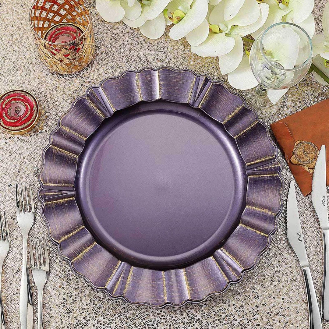 HIER_4710 6 Pack | 13" Round Purple Acrylic Plastic Charger Plates With Gold Brushed Wavy Scalloped Rim Disposable Dinnerware 9 HIER_4710 6 Pack | 13" Round Purple Acrylic Plastic Charger Plates With Gold Brushed Wavy Scalloped Rim Disposable Dinnerware