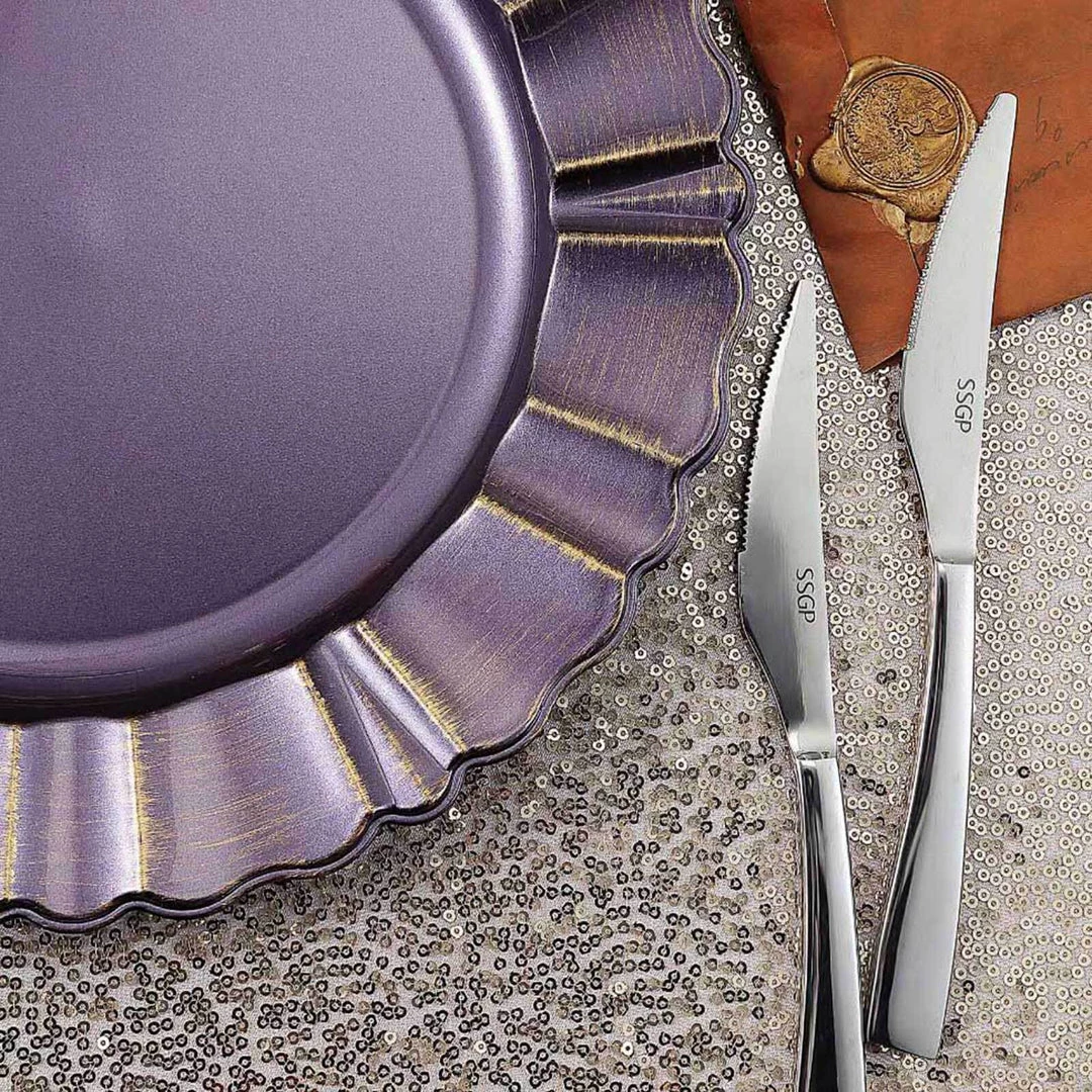 HIER_4710 6 Pack | 13" Round Purple Acrylic Plastic Charger Plates With Gold Brushed Wavy Scalloped Rim Disposable Dinnerware 10 HIER_4710 6 Pack | 13" Round Purple Acrylic Plastic Charger Plates With Gold Brushed Wavy Scalloped Rim Disposable Dinnerware