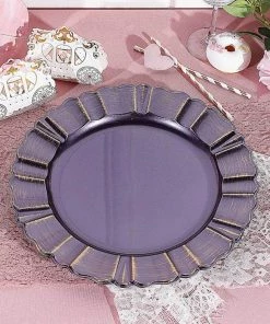 HIER_4710 6 Pack | 13" Round Purple Acrylic Plastic Charger Plates With Gold Brushed Wavy Scalloped Rim Disposable Dinnerware 25 HIER_4710 6 Pack | 13