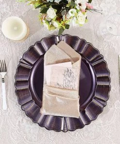 HIER_4710 6 Pack | 13" Round Purple Acrylic Plastic Charger Plates With Gold Brushed Wavy Scalloped Rim Disposable Dinnerware