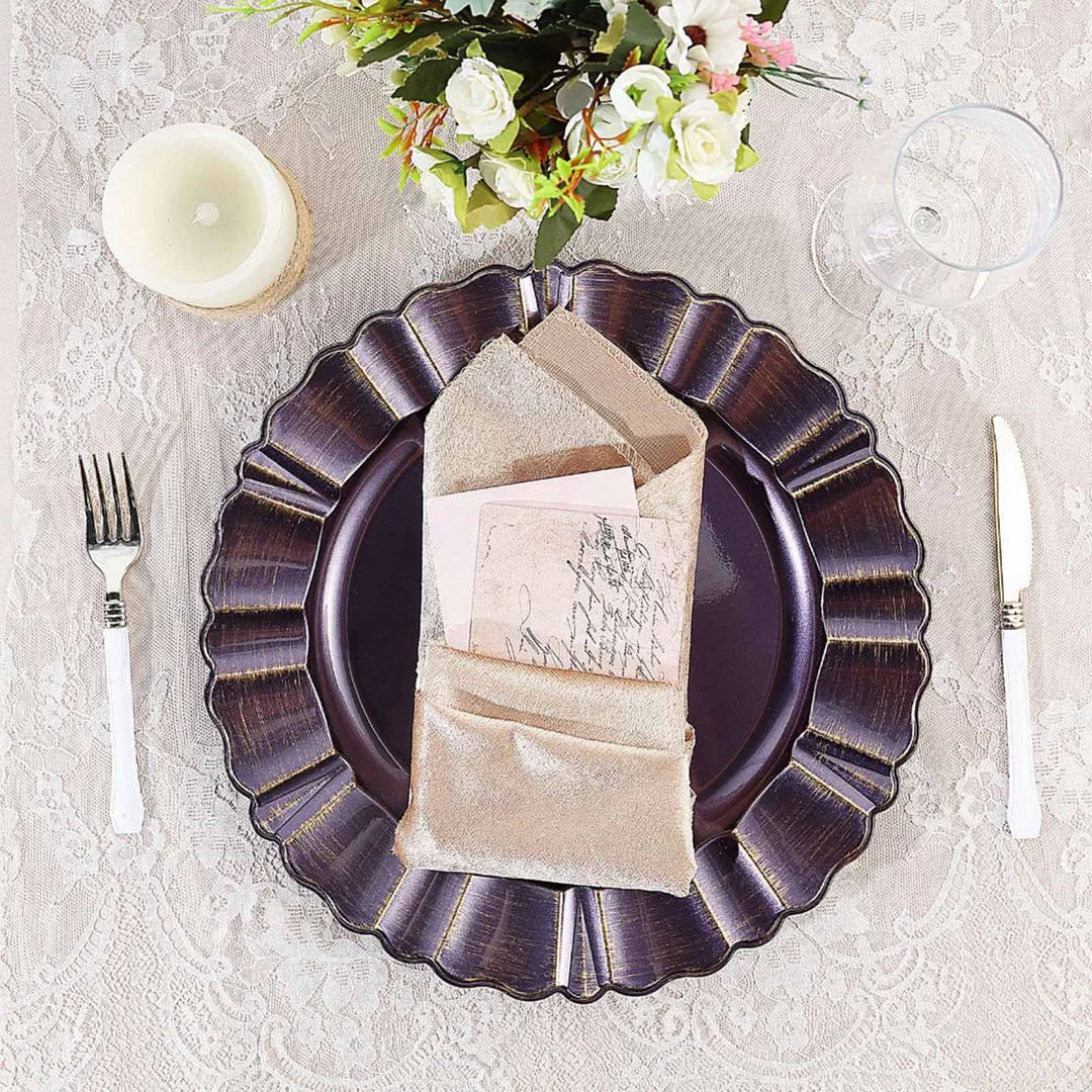 HIER_4710 6 Pack | 13" Round Purple Acrylic Plastic Charger Plates With Gold Brushed Wavy Scalloped Rim Disposable Dinnerware 2 HIER_4710 6 Pack | 13" Round Purple Acrylic Plastic Charger Plates With Gold Brushed Wavy Scalloped Rim Disposable Dinnerware