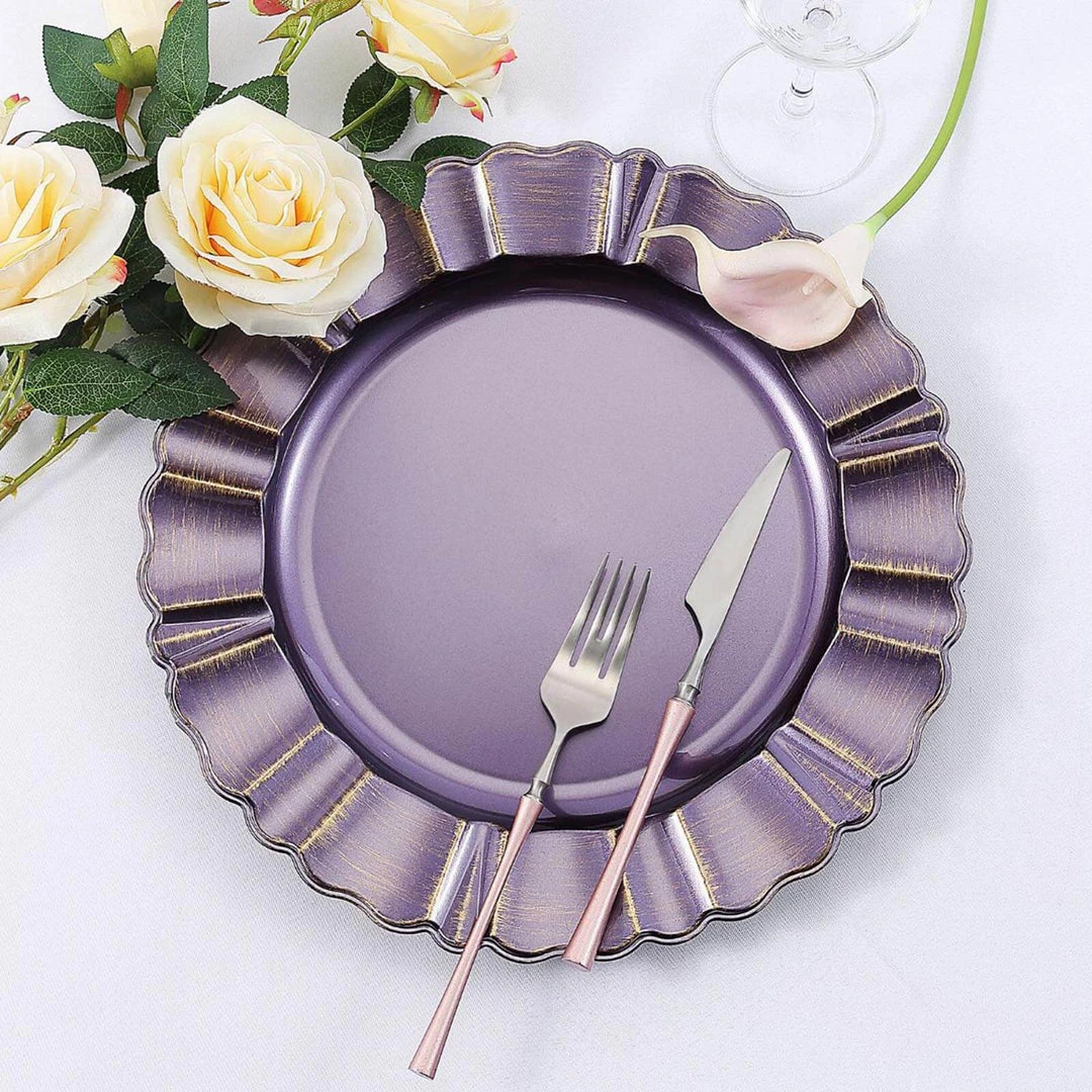 HIER_4710 6 Pack | 13" Round Purple Acrylic Plastic Charger Plates With Gold Brushed Wavy Scalloped Rim Disposable Dinnerware 6 HIER_4710 6 Pack | 13" Round Purple Acrylic Plastic Charger Plates With Gold Brushed Wavy Scalloped Rim Disposable Dinnerware