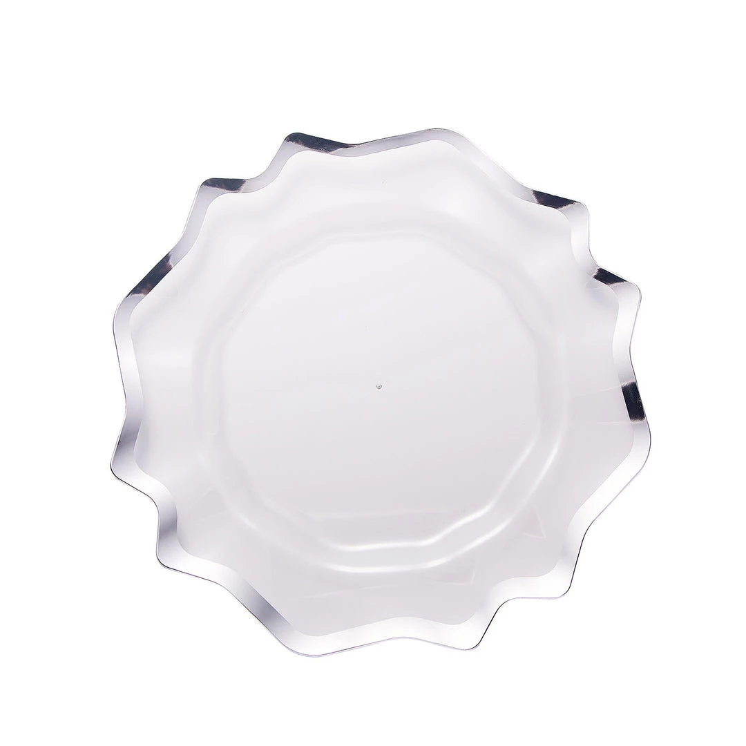 HIER_4710 6 Pack | 13" Silver Scalloped Edge Clear Acrylic Plastic Charger Plates, Round Dinner Charger Plates 14 HIER_4710 6 Pack | 13" Silver Scalloped Edge Clear Acrylic Plastic Charger Plates, Round Dinner Charger Plates