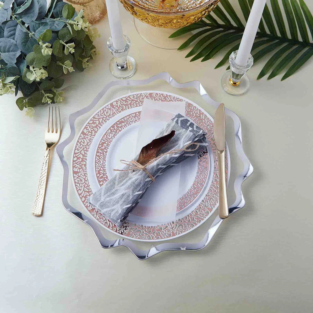 HIER_4710 6 Pack | 13" Silver Scalloped Edge Clear Acrylic Plastic Charger Plates, Round Dinner Charger Plates 11 HIER_4710 6 Pack | 13" Silver Scalloped Edge Clear Acrylic Plastic Charger Plates, Round Dinner Charger Plates