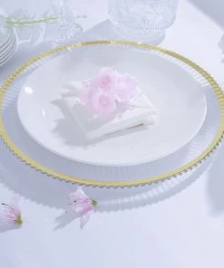 HIER_4710 6 Pack | 13" Clear Sunray Wavy Gold Rim Acrylic Plastic Charger Plates, Round Dinner Charger Plates