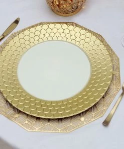 HIER_4710 6 Pack | 13" Gold Mermaid Scale Trim Acrylic Plastic Charger Plates, Round Dinner Charger Plates Disposable Dinnerware