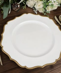 HIER_4710 Disposable Dinnerware 6 Pack | White 13" Gold Scalloped Rim Acrylic Charger Plates, Round Plastic Charger Plates