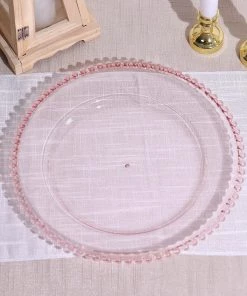 HIER_4710 6 Pack | 12" Blush/Clear Beaded Rim Acrylic Round Charger Plates Disposable Dinnerware