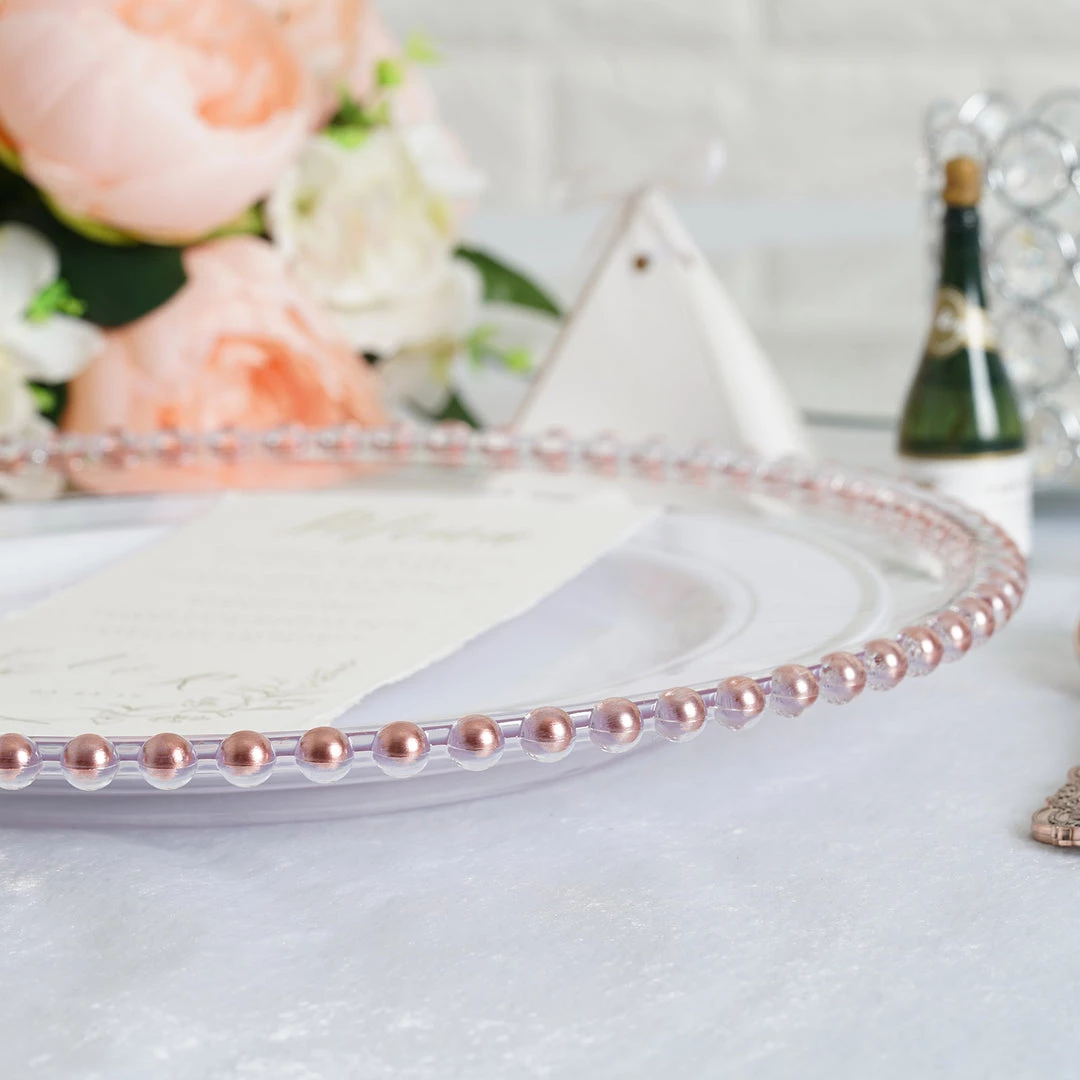 HIER_4710 6 Pack | 12" Clear/Rose Gold Acrylic Beaded Rim Round Charger Plates Disposable Dinnerware 7 HIER_4710 6 Pack | 12" Clear/Rose Gold Acrylic Beaded Rim Round Charger Plates Disposable Dinnerware