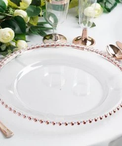 HIER_4710 6 Pack | 12" Clear/Rose Gold Acrylic Beaded Rim Round Charger Plates Disposable Dinnerware 16 HIER_4710 6 Pack | 12