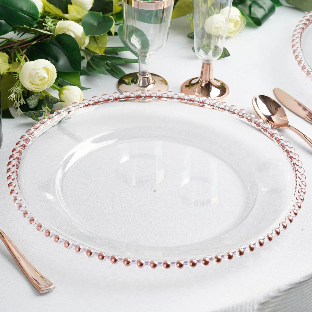 HIER_4710 6 Pack | 12" Clear/Rose Gold Acrylic Beaded Rim Round Charger Plates Disposable Dinnerware 6 HIER_4710 6 Pack | 12" Clear/Rose Gold Acrylic Beaded Rim Round Charger Plates Disposable Dinnerware