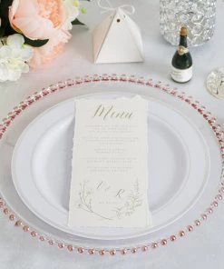 HIER_4710 6 Pack | 12" Clear/Rose Gold Acrylic Beaded Rim Round Charger Plates Disposable Dinnerware