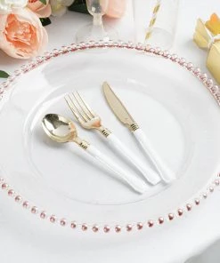 HIER_4710 6 Pack | 12" Clear/Rose Gold Acrylic Beaded Rim Round Charger Plates Disposable Dinnerware