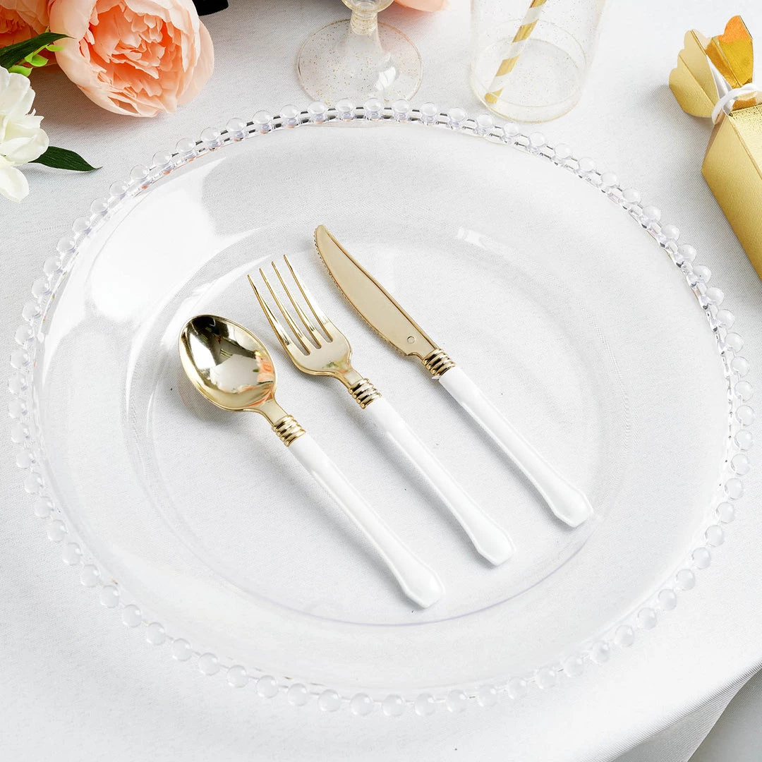 HIER_4710 6 Pack | 12" Clear Acrylic Plastic Beaded Rim Round Charger Plates Disposable Dinnerware 1 HIER_4710 6 Pack | 12" Clear Acrylic Plastic Beaded Rim Round Charger Plates Disposable Dinnerware