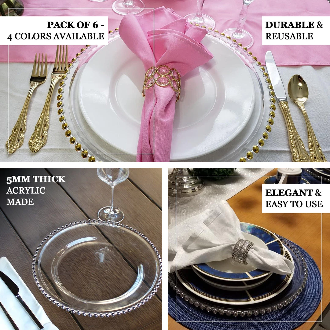 HIER_4710 6 Pack | 12" Clear Acrylic Plastic Beaded Rim Round Charger Plates Disposable Dinnerware 4 HIER_4710 6 Pack | 12" Clear Acrylic Plastic Beaded Rim Round Charger Plates Disposable Dinnerware