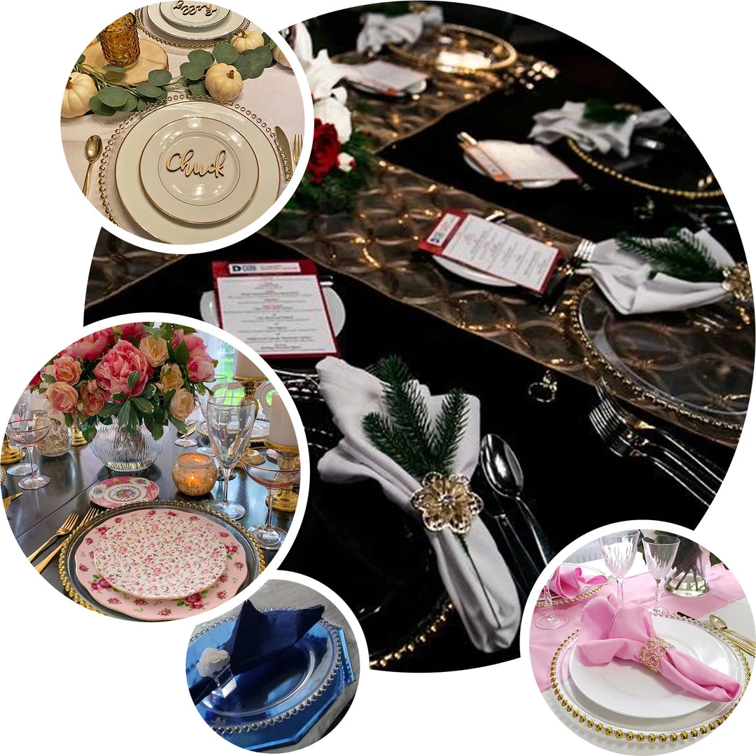 HIER_4710 6 Pack | 12" Clear/Rose Gold Acrylic Beaded Rim Round Charger Plates Disposable Dinnerware 5 HIER_4710 6 Pack | 12" Clear/Rose Gold Acrylic Beaded Rim Round Charger Plates Disposable Dinnerware