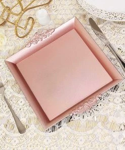 HIER_4720 2 Pack | 10" Blush/Rose Gold Square Decorative Acrylic Serving Trays With Embossed Rims Disposable Dinnerware