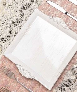 HIER_4730 Disposable Dinnerware 2 Pack | 10" Antique White Wash Square Decorative Acrylic Serving Trays With Embossed Rims 22 HIER_4730 Disposable Dinnerware 2 Pack | 10