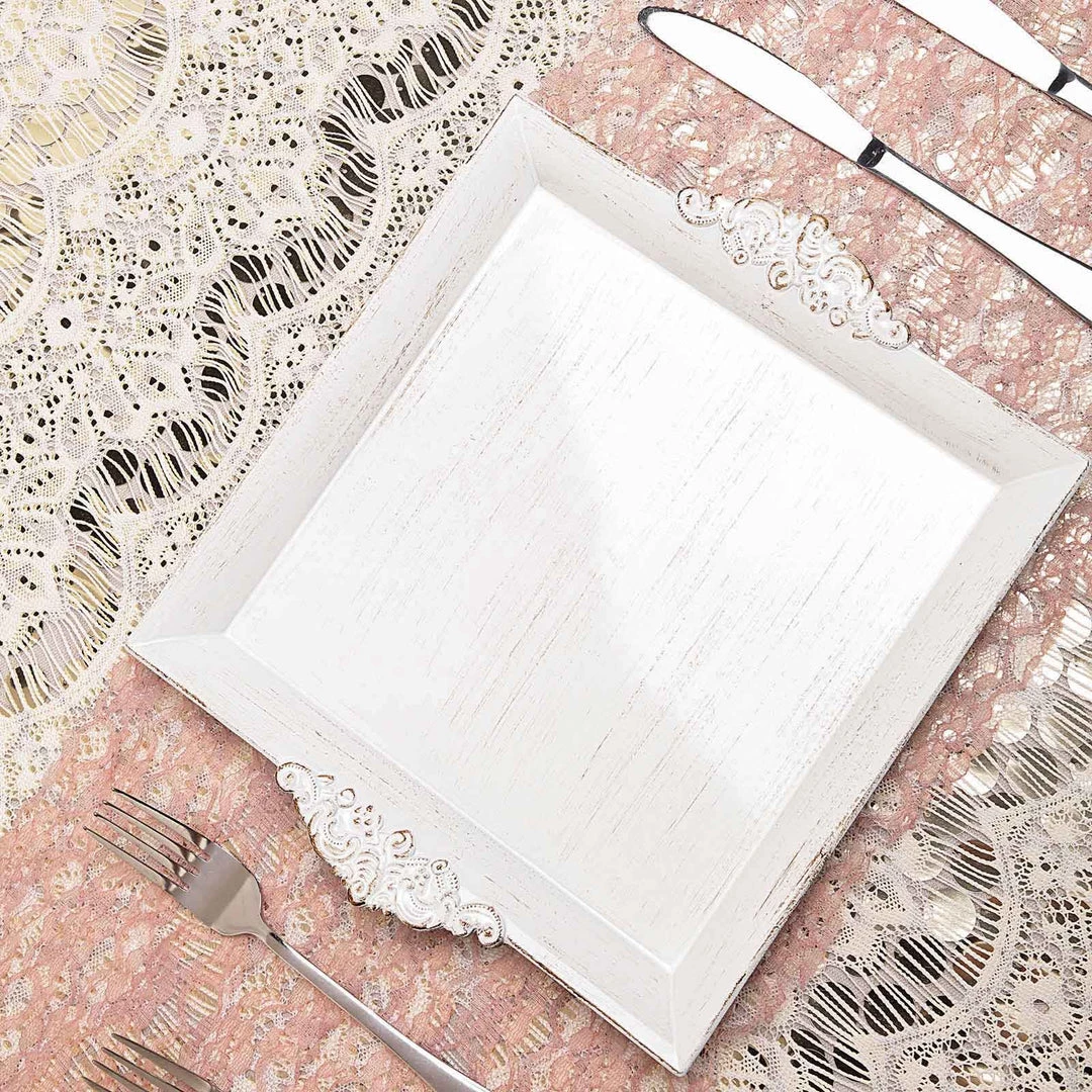 HIER_4730 Disposable Dinnerware 2 Pack | 10" Antique White Wash Square Decorative Acrylic Serving Trays With Embossed Rims 6 HIER_4730 Disposable Dinnerware 2 Pack | 10" Antique White Wash Square Decorative Acrylic Serving Trays With Embossed Rims