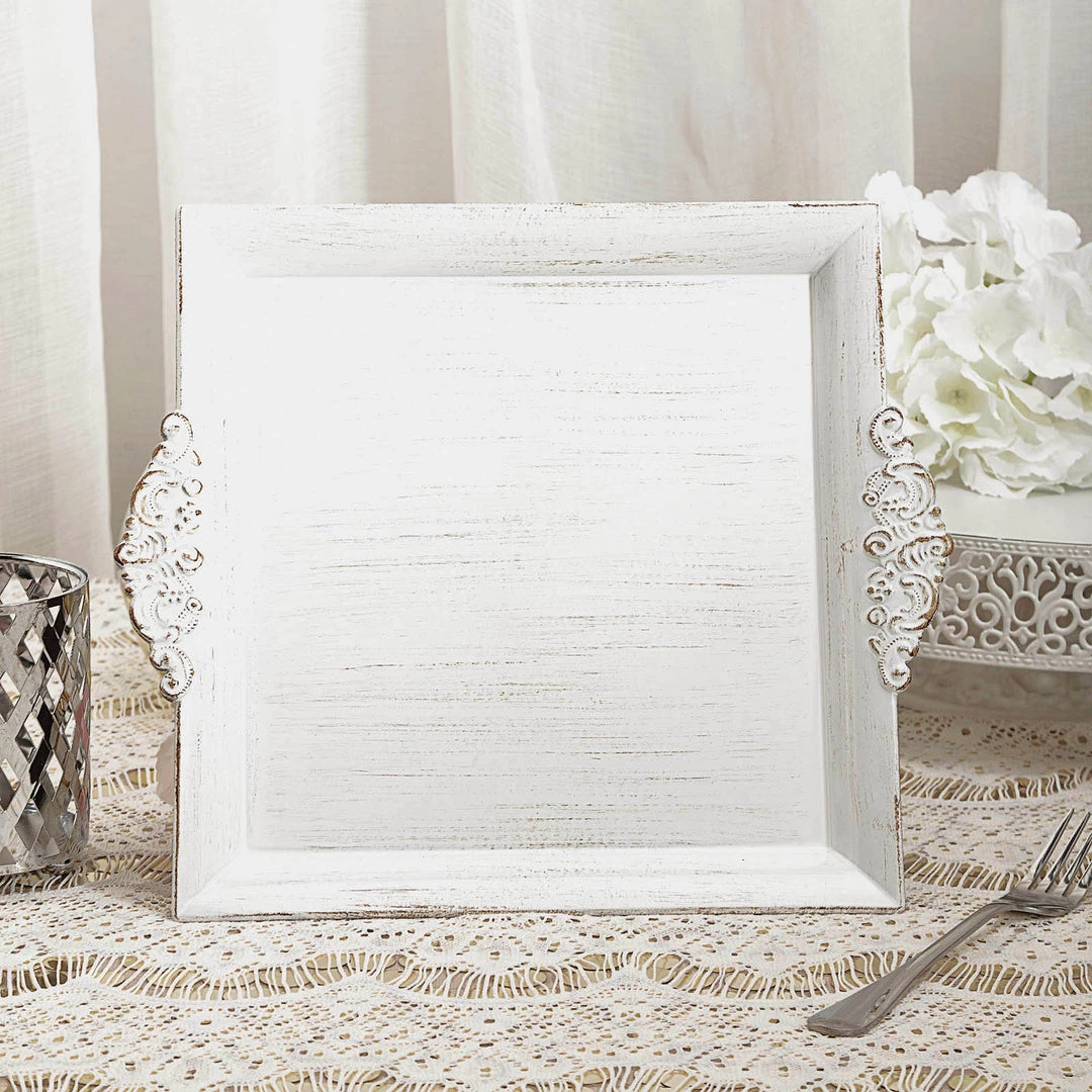 HIER_4730 Disposable Dinnerware 2 Pack | 10" Antique White Wash Square Decorative Acrylic Serving Trays With Embossed Rims 14 HIER_4730 Disposable Dinnerware 2 Pack | 10" Antique White Wash Square Decorative Acrylic Serving Trays With Embossed Rims