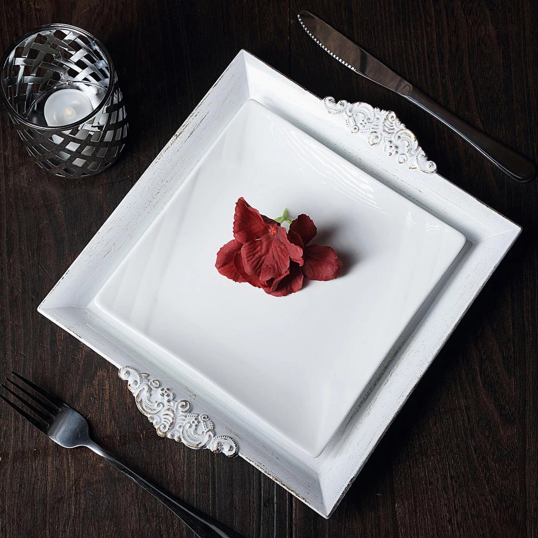 HIER_4730 Disposable Dinnerware 2 Pack | 10" Antique White Wash Square Decorative Acrylic Serving Trays With Embossed Rims 13 HIER_4730 Disposable Dinnerware 2 Pack | 10" Antique White Wash Square Decorative Acrylic Serving Trays With Embossed Rims