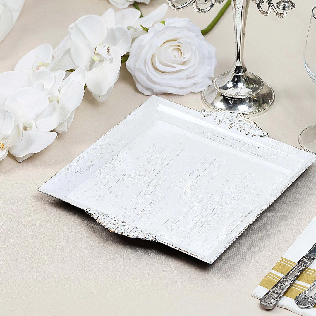 HIER_4730 Disposable Dinnerware 2 Pack | 10" Antique White Wash Square Decorative Acrylic Serving Trays With Embossed Rims 12 HIER_4730 Disposable Dinnerware 2 Pack | 10" Antique White Wash Square Decorative Acrylic Serving Trays With Embossed Rims