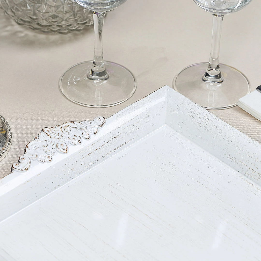 HIER_4730 Disposable Dinnerware 2 Pack | 10" Antique White Wash Square Decorative Acrylic Serving Trays With Embossed Rims 10 HIER_4730 Disposable Dinnerware 2 Pack | 10" Antique White Wash Square Decorative Acrylic Serving Trays With Embossed Rims