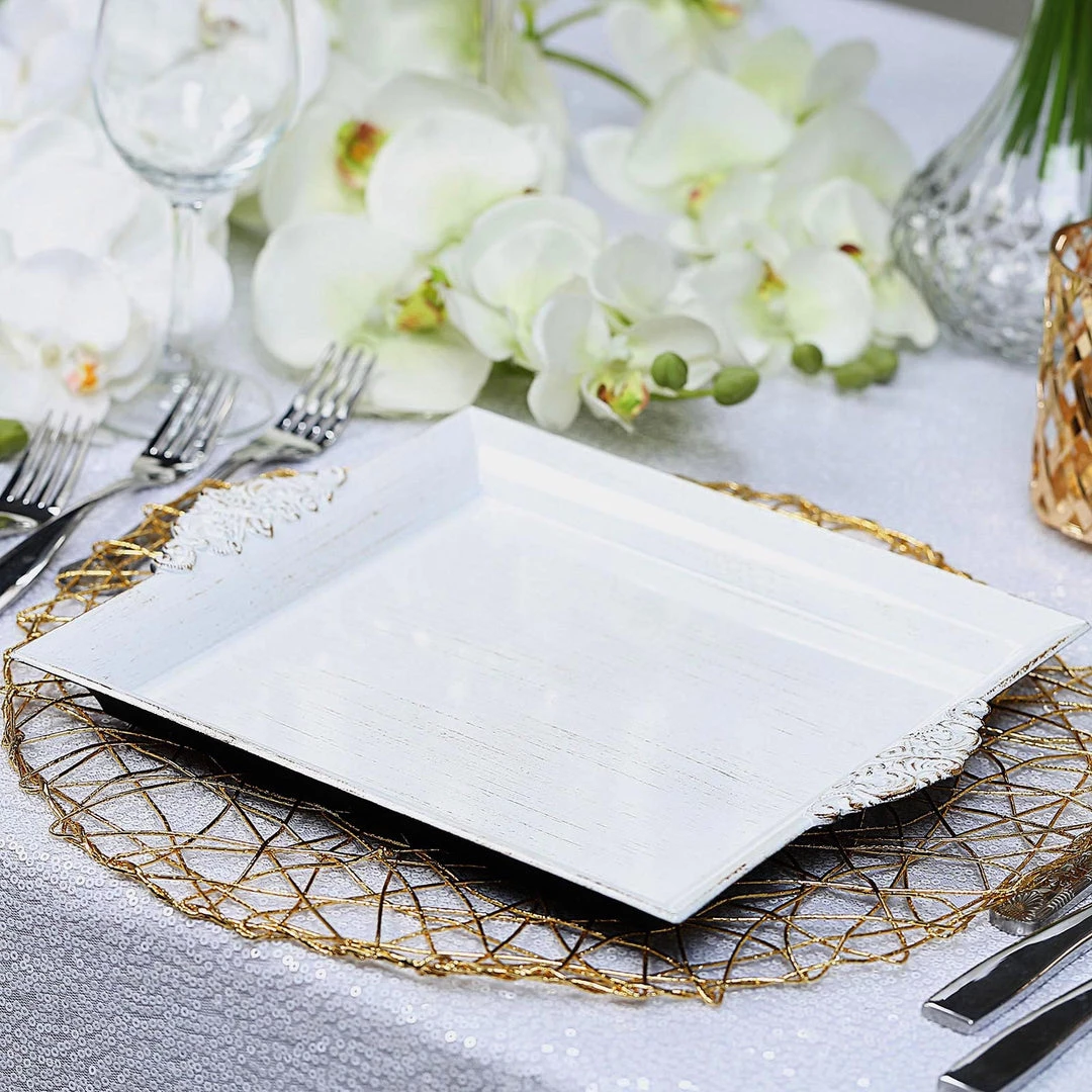 HIER_4730 Disposable Dinnerware 2 Pack | 10" Antique White Wash Square Decorative Acrylic Serving Trays With Embossed Rims 11 HIER_4730 Disposable Dinnerware 2 Pack | 10" Antique White Wash Square Decorative Acrylic Serving Trays With Embossed Rims