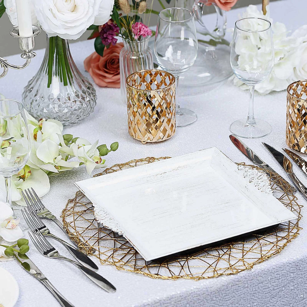 HIER_4730 Disposable Dinnerware 2 Pack | 10" Antique White Wash Square Decorative Acrylic Serving Trays With Embossed Rims 9 HIER_4730 Disposable Dinnerware 2 Pack | 10" Antique White Wash Square Decorative Acrylic Serving Trays With Embossed Rims