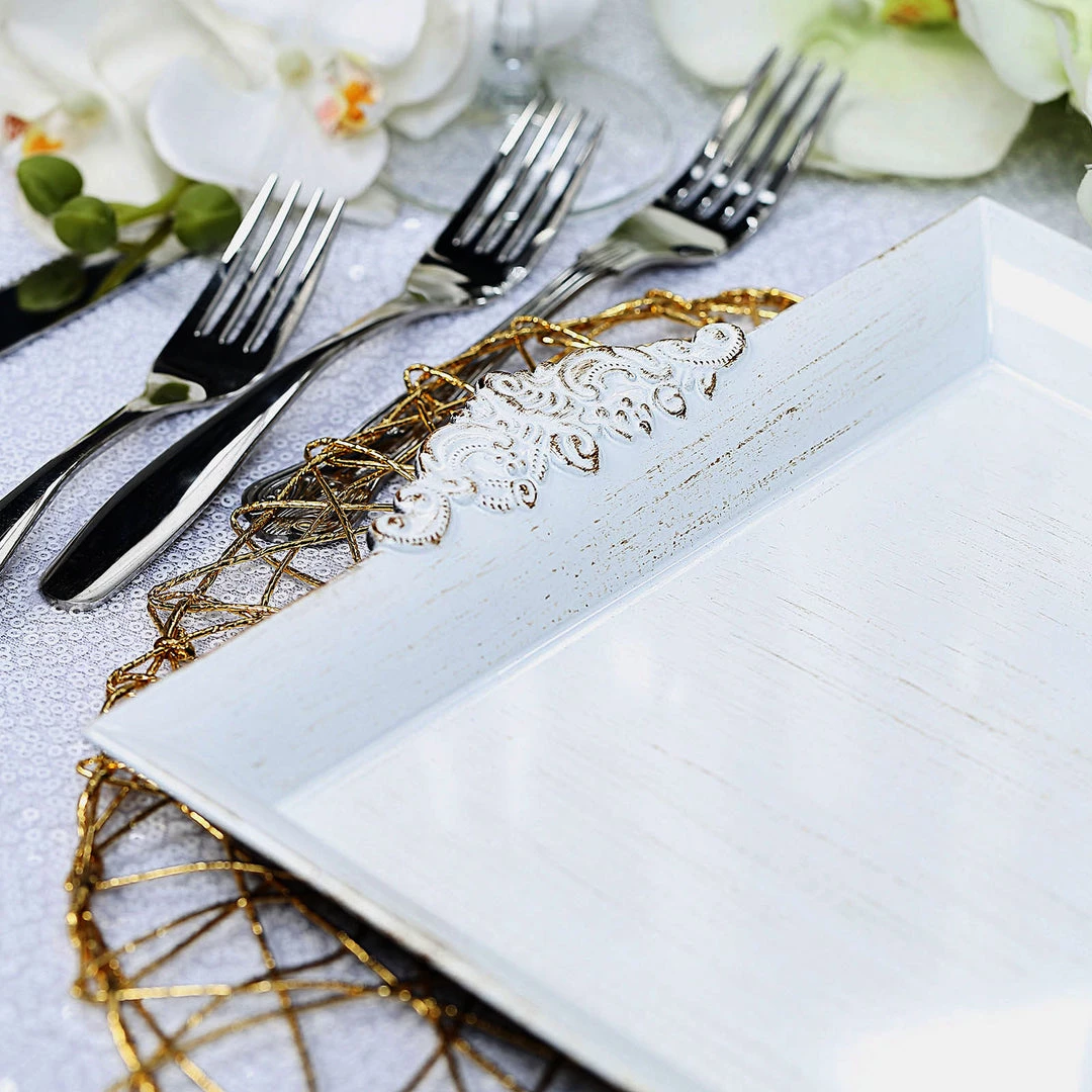 HIER_4730 Disposable Dinnerware 2 Pack | 10" Antique White Wash Square Decorative Acrylic Serving Trays With Embossed Rims 8 HIER_4730 Disposable Dinnerware 2 Pack | 10" Antique White Wash Square Decorative Acrylic Serving Trays With Embossed Rims