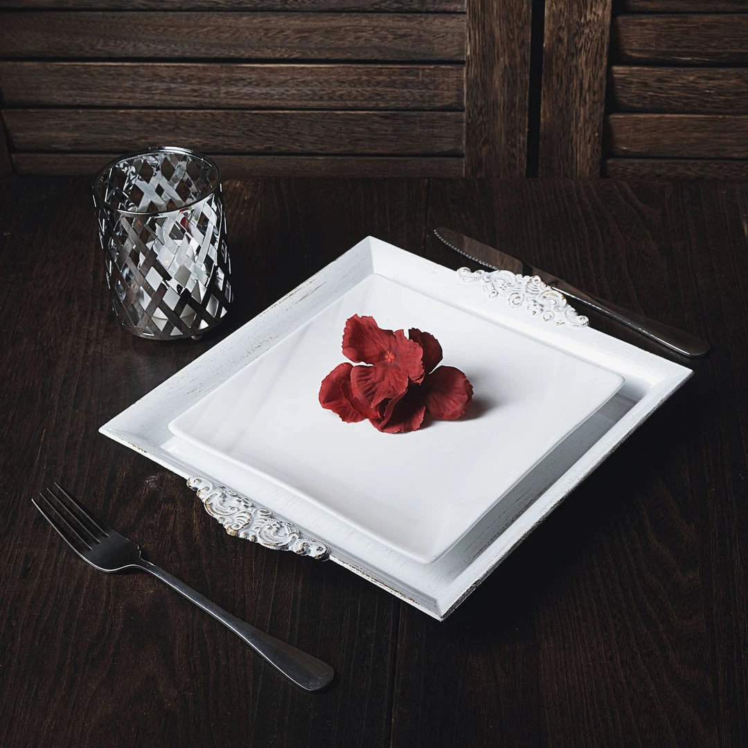 HIER_4730 Disposable Dinnerware 2 Pack | 10" Antique White Wash Square Decorative Acrylic Serving Trays With Embossed Rims 7 HIER_4730 Disposable Dinnerware 2 Pack | 10" Antique White Wash Square Decorative Acrylic Serving Trays With Embossed Rims