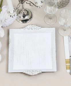 HIER_4730 Disposable Dinnerware 2 Pack | 10" Antique White Wash Square Decorative Acrylic Serving Trays With Embossed Rims