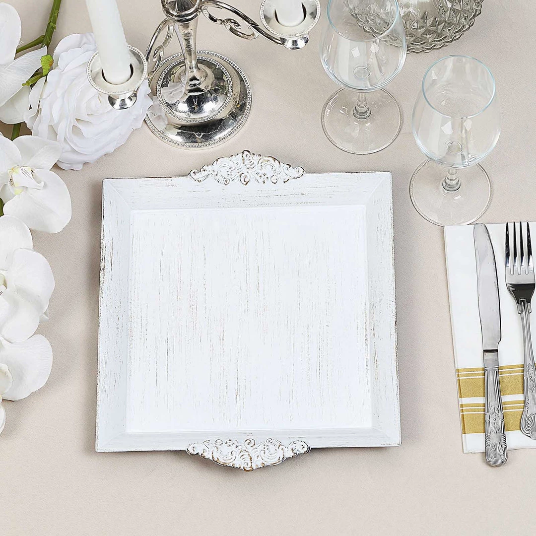 HIER_4730 Disposable Dinnerware 2 Pack | 10" Antique White Wash Square Decorative Acrylic Serving Trays With Embossed Rims 2 HIER_4730 Disposable Dinnerware 2 Pack | 10" Antique White Wash Square Decorative Acrylic Serving Trays With Embossed Rims