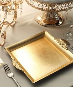 HIER_4730 2 Pack | 10" Metallic Gold Square Decorative Acrylic Serving Trays With Embossed Rims Disposable Dinnerware