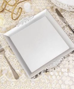 HIER_4730 2 Pack | 10" Metallic Silver Square Decorative Acrylic Serving Trays With Embossed Rims